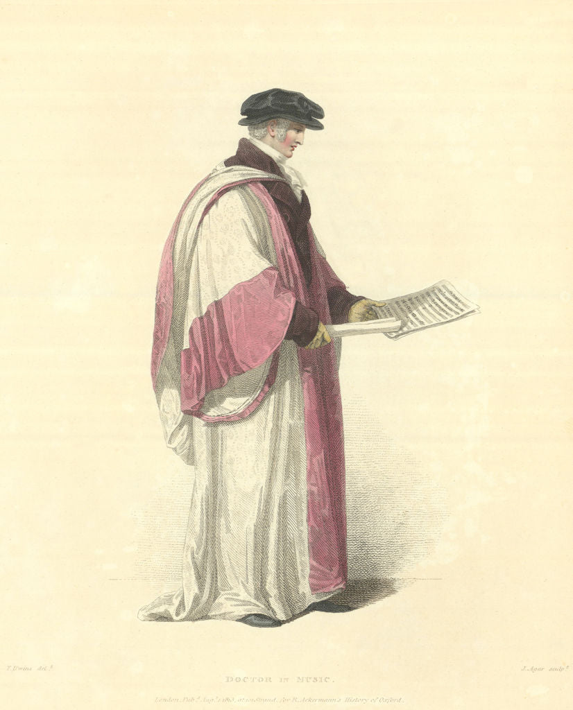 Doctor in Music. Ackermann's Oxford University 1814 old antique print picture